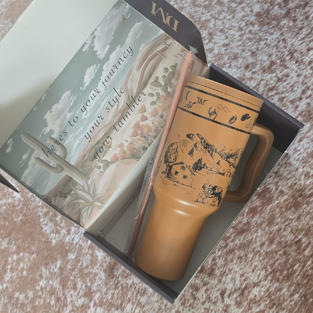 Dani Morgans Decorative Tan Travel Mug with Artistic Design